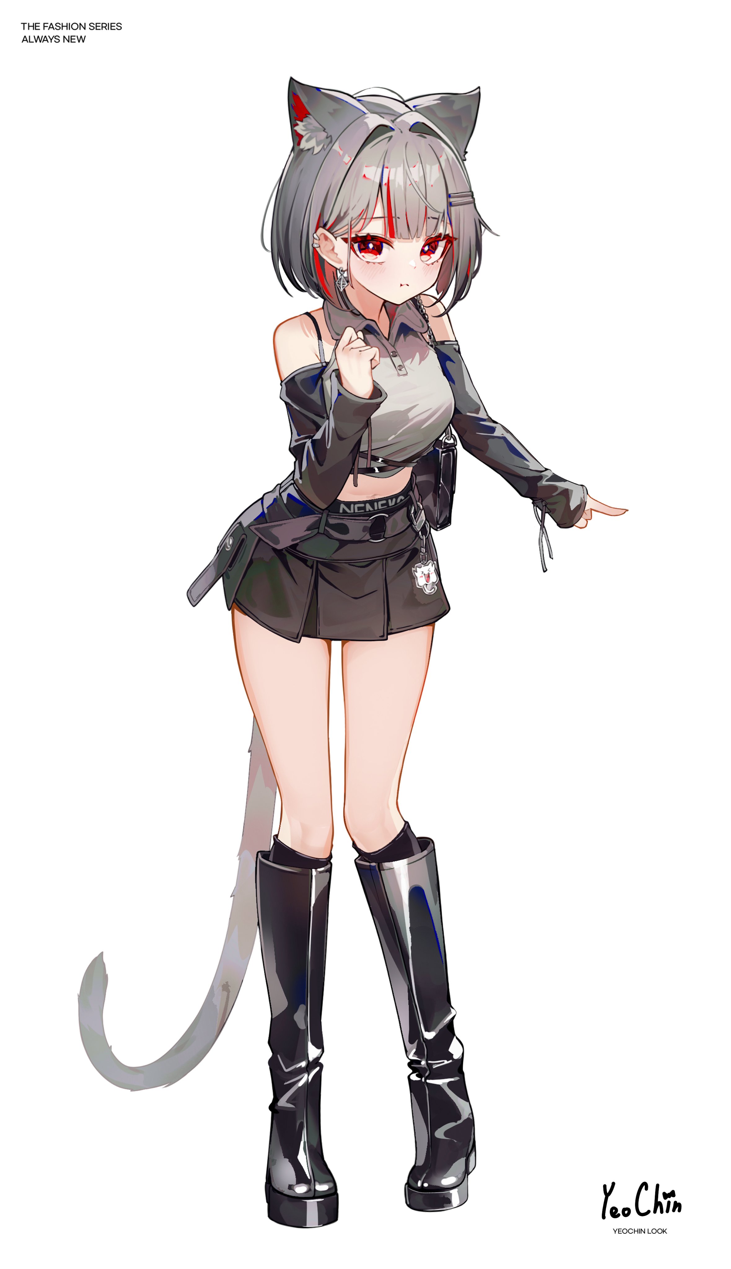 firehippo, neneko mashiro, stellive, absurdres, highres, 1girl, animal ears, artist name, black skirt, boots, cat ears, cat girl, cat tail, closed mouth, detached sleeves, ear piercing, full body, grey hair, knee boots, looking at viewer, multicolored hair, piercing, pleated skirt, red eyes, red hair, shirt, simple background, skirt, standing, tail, white background