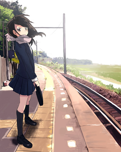 zukki (suzukio), original, bad id, bad pixiv id, lowres, 1girl, black hair, brown eyes, day, female focus, kneehighs, outdoors, scarf, school uniform, serafuku, skirt, socks, solo, tactile paving, train station