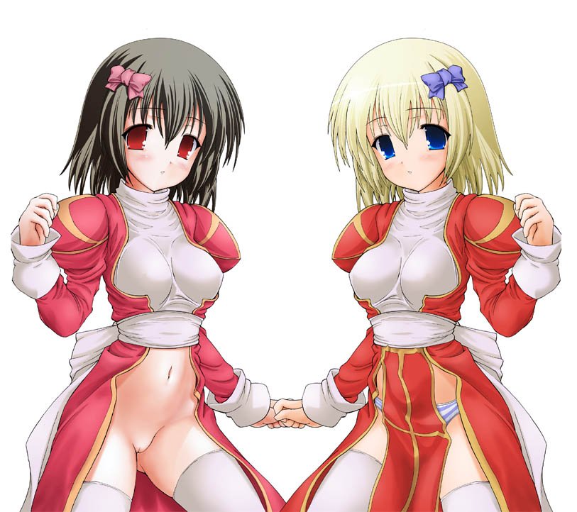 testa, high priest (ragnarok online), gravity (company), ragnarok online, bad id, bad pixiv id, 2girls, breasts, cleft of venus, female focus, holding hands, medium breasts, multiple girls, navel, no panties, panties, pussy, simple background, standing, striped clothes, striped panties, thighhighs, uncensored, underwear, white background