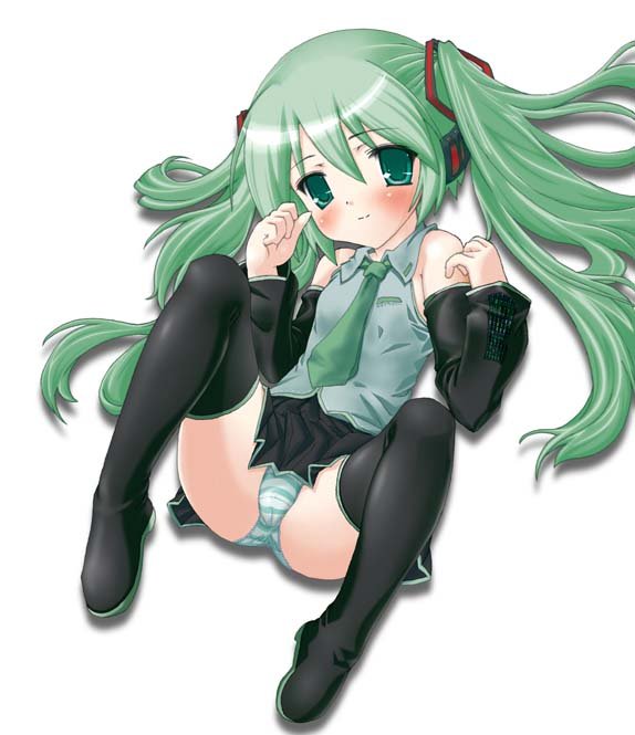 testa, hatsune miku, vocaloid, yamaha, 1girl, female focus, green eyes, green hair, lying, panties, skirt, smile, solo, spread legs, striped clothes, striped panties, thighhighs, twintails, underwear, white background