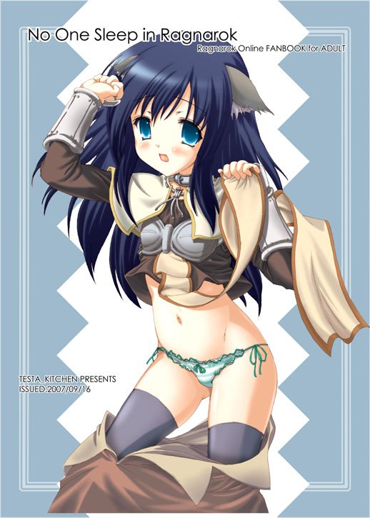 testa, gravity (company), ragnarok online, bad id, bad pixiv id, character request, animal ears, blue eyes, blue hair, dog ears, english text, panties, side-tie panties, solo, striped clothes, striped panties, thighhighs, underwear
