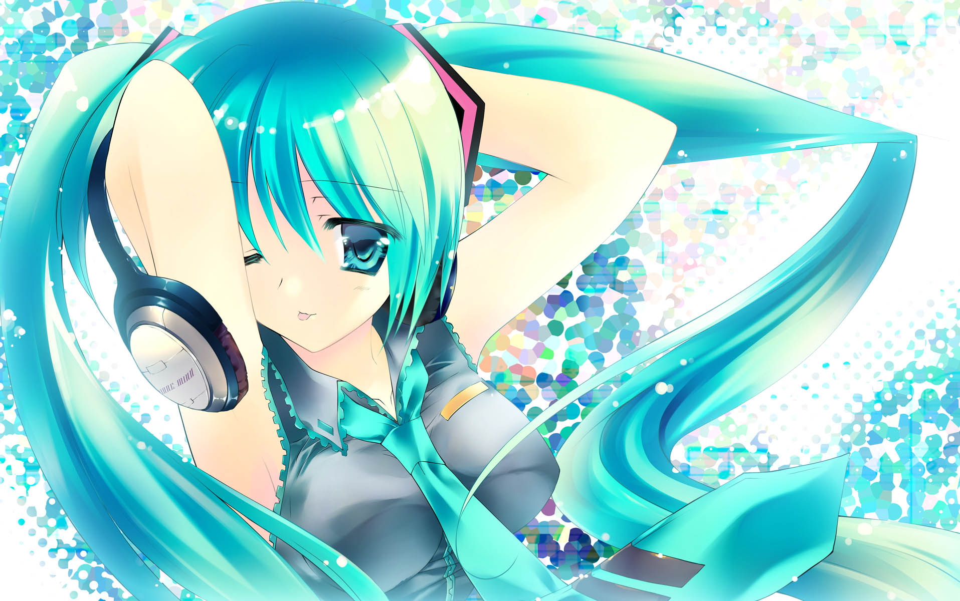 rei (artist), rei (rei's room), hatsune miku, vocaloid, highres, 1girl, aqua hair, blue eyes, female focus, headphones, necktie, one eye closed, solo, tongue, twintails