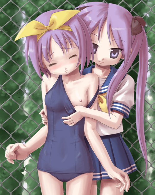 hitochigai, hiiragi kagami, hiiragi tsukasa, lucky star, arm grab, striped, bad id, bad pixiv id, 00s, 2girls, assertive female, assisted exposure, bare shoulders, blue eyes, blush, bow, breasts, chain-link fence, closed eyes, clothes pull, covered erect nipples, day, fence, flat chest, frown, hair bow, hairband, incest, loli, long hair, miniskirt, multiple girls, nature, naughty face, neckerchief, necktie, nipples, off shoulder, one-piece swimsuit, one-piece swimsuit pull, one breast out, outdoors, parted bangs, pleated skirt, public indecency, public nudity, pulling another's clothes, purple eyes, purple hair, school swimsuit, school uniform, serafuku, short hair, siblings, sidelocks, sisters, skirt, small breasts, smile, standing, swimsuit, thigh gap, twincest, twins, twintails, undressing, very long hair, wince, yellow neckerchief, yuri