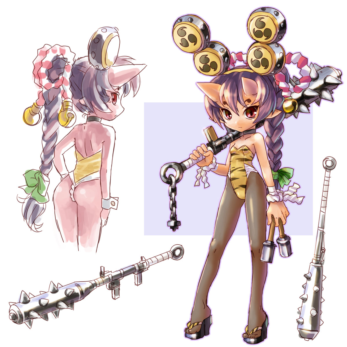 katahira masashi, original, highres, 1girl, club, club (weapon), explosive, grenade, high heels, horns, kanabou, mitsudomoe (shape), multiple views, pantyhose, pointy ears, purple hair, sandals, shoes, tomoe (symbol), weapon, wedge heels