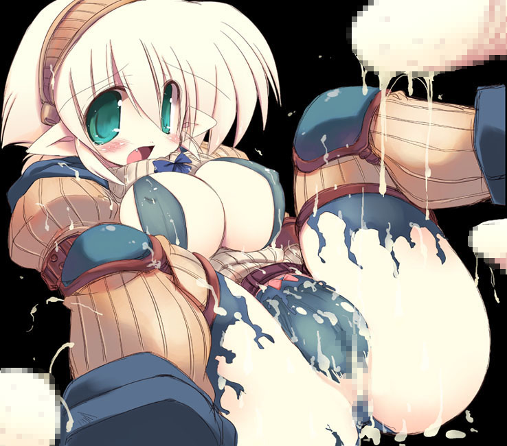 sakaki (noi-gren), 1girl, blush, breasts, censored, cleavage, cum, female focus, large breasts, mosaic censoring, pointy ears, solo, torn clothes