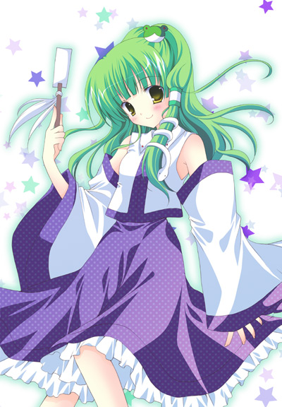 shirogane hina, kochiya sanae, touhou, 1girl, blue skirt, blush, detached sleeves, female focus, frog hair ornament, gohei, green eyes, green hair, hair ornament, holding, long hair, long sleeves, looking at viewer, matching hair/eyes, nontraditional miko, oonusa, skirt, smile, solo, standing, star (symbol), vest