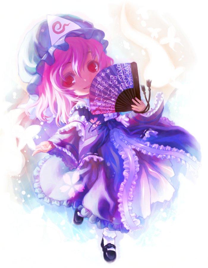 sankaku (pixiv5000), shiden, saigyouji yuyuko, touhou, bad id, bad pixiv id, 1girl, dress, female focus, full body, gradient background, hat, pink hair, red eyes, solo, white background