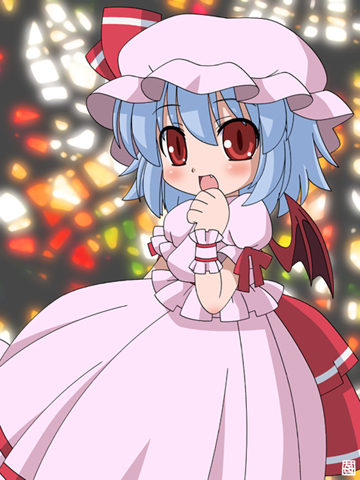 remilia scarlet, touhou, lowres, 1girl, artist logo, bat wings, female focus, hand to own mouth, hat, logo, mob cap, pink hat, red eyes, skirt, solo, standing, wings