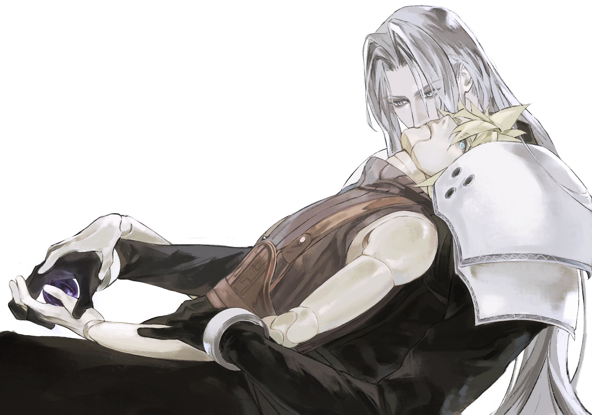 xscr1205, cloud strife, sephiroth, final fantasy, final fantasy vii, final fantasy vii remake, commentary, english commentary, highres, 2boys, alternate eye color, armor, belt, black coat, black gloves, black materia, black sweater, blonde hair, blue eyes, bracer, brown belt, coat, doll joints, gloves, grey eyes, grey hair, hair intakes, hand on another's arm, hand on another's hand, joints, kiss, kissing cheek, leaning back, leaning on person, long bangs, long coat, long hair, long sleeves, male focus, multiple boys, on lap, orb, parted bangs, pauldrons, short hair, shoulder armor, simple background, sitting, sleeveless, sleeveless sweater, sleeveless turtleneck, slit pupils, spiked hair, suspenders, sweater, turtleneck, turtleneck sweater, upper body, white background, yaoi