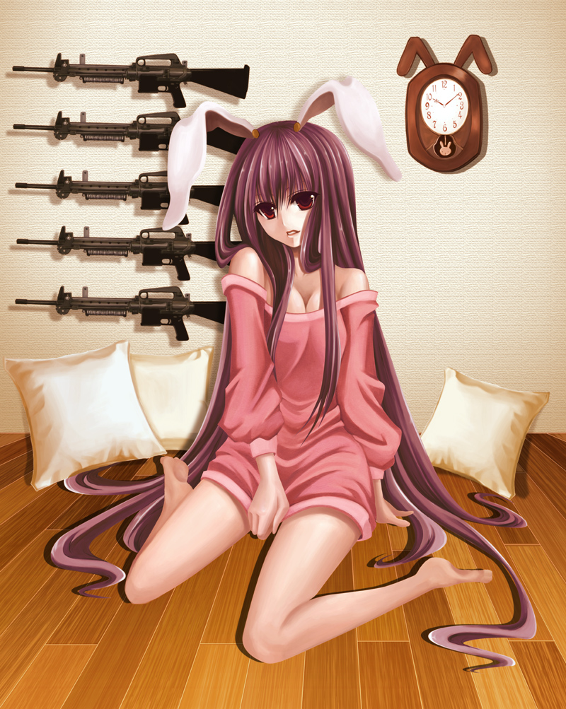 nonoko, yuuka nonoko, reisen udongein inaba, touhou, animal ears, ar-10, bad feet, bare shoulders, barefoot, battle rifle, clock, feet, gun, legs, long hair, purple hair, rabbit ears, red eyes, rifle, sitting, wariza, weapon