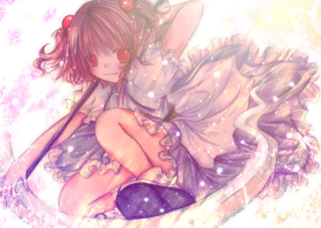 kasuga sunao, onozuka komachi, touhou, bad id, bad pixiv id, 1girl, arm behind head, dress, female focus, frills, hair bobbles, hair ornament, pink hair, red eyes, scythe, solo, two side up