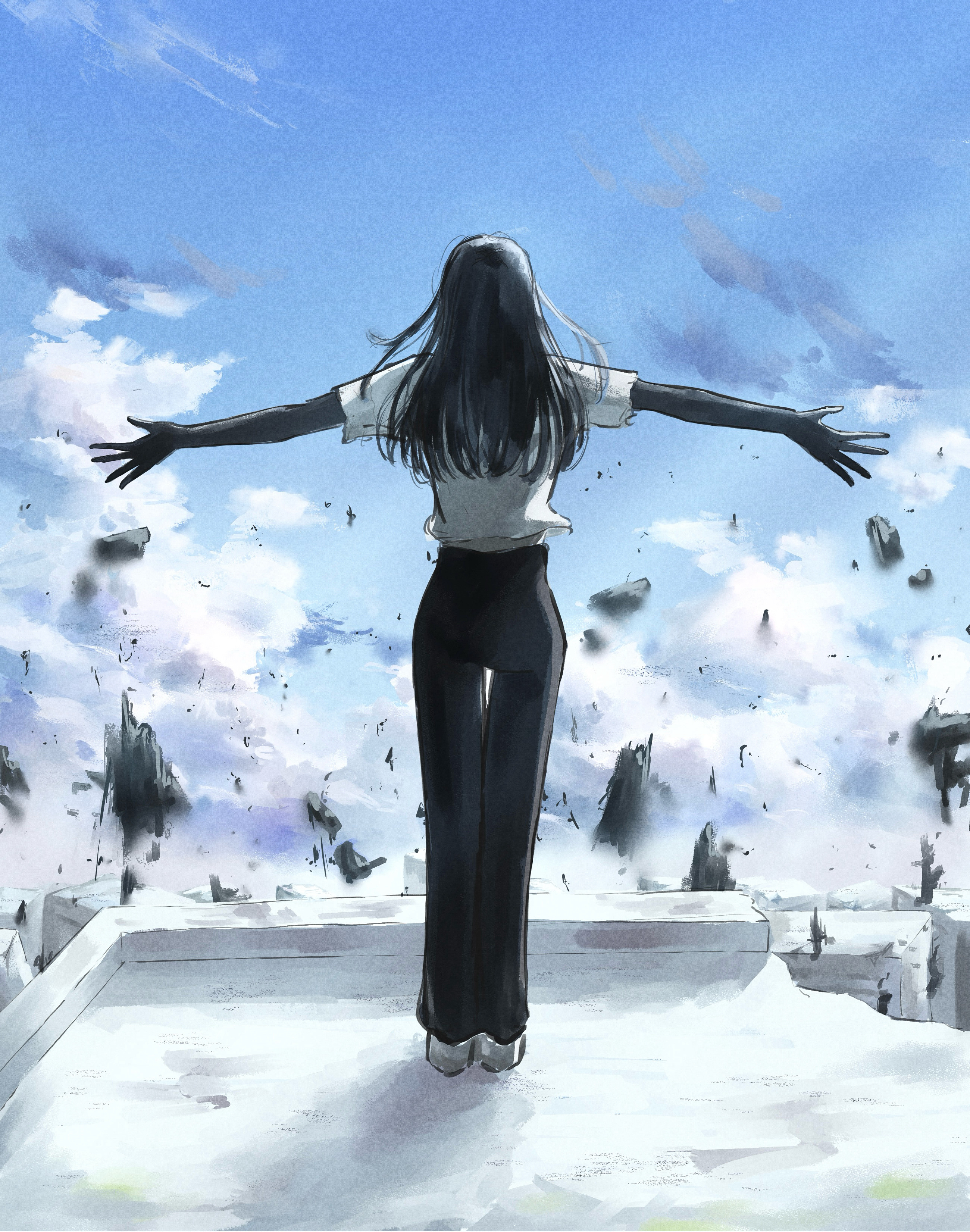 ushi yo, yoru (chainsaw man), chainsaw man, absurdres, highres, 1girl, black gloves, black hair, black pants, blue sky, cloud, cloudy sky, day, elbow gloves, from behind, gloves, long hair, outdoors, outstretched arms, pants, shirt, sky, solo, standing, white shirt