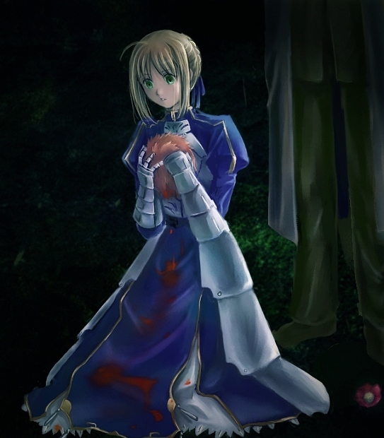 artoria pendragon (fate), emiya shirou, kotomine kirei, saber (fate), fate/stay night, fate (series), school days, spoilers, 00s, 1boy, 1girl, ahoge, armor, bad end, blonde hair, blood, death, decapitation, empty eyes, green eyes, guro, severed head
