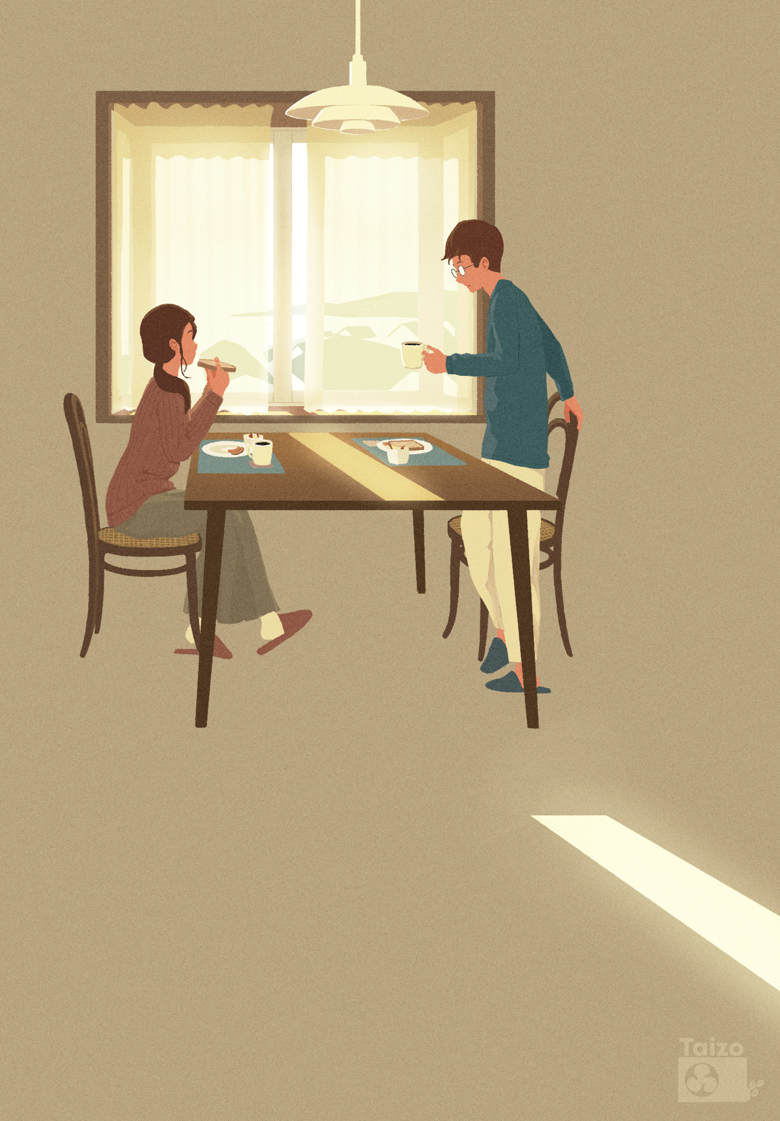 taizo (taizo 03), original, highres, 1boy, 1girl, artist name, blue shirt, bread, bread slice, breakfast, brown hair, brown sweater, ceiling light, chair, coffee, coffee mug, cup, food, glasses, grey skirt, holding, holding cup, holding food, long skirt, morning, mug, on chair, pants, plate, sausage, shirt, short hair, sitting, skirt, slippers, sweater, table, toast, white pants, window, wooden chair, wooden table