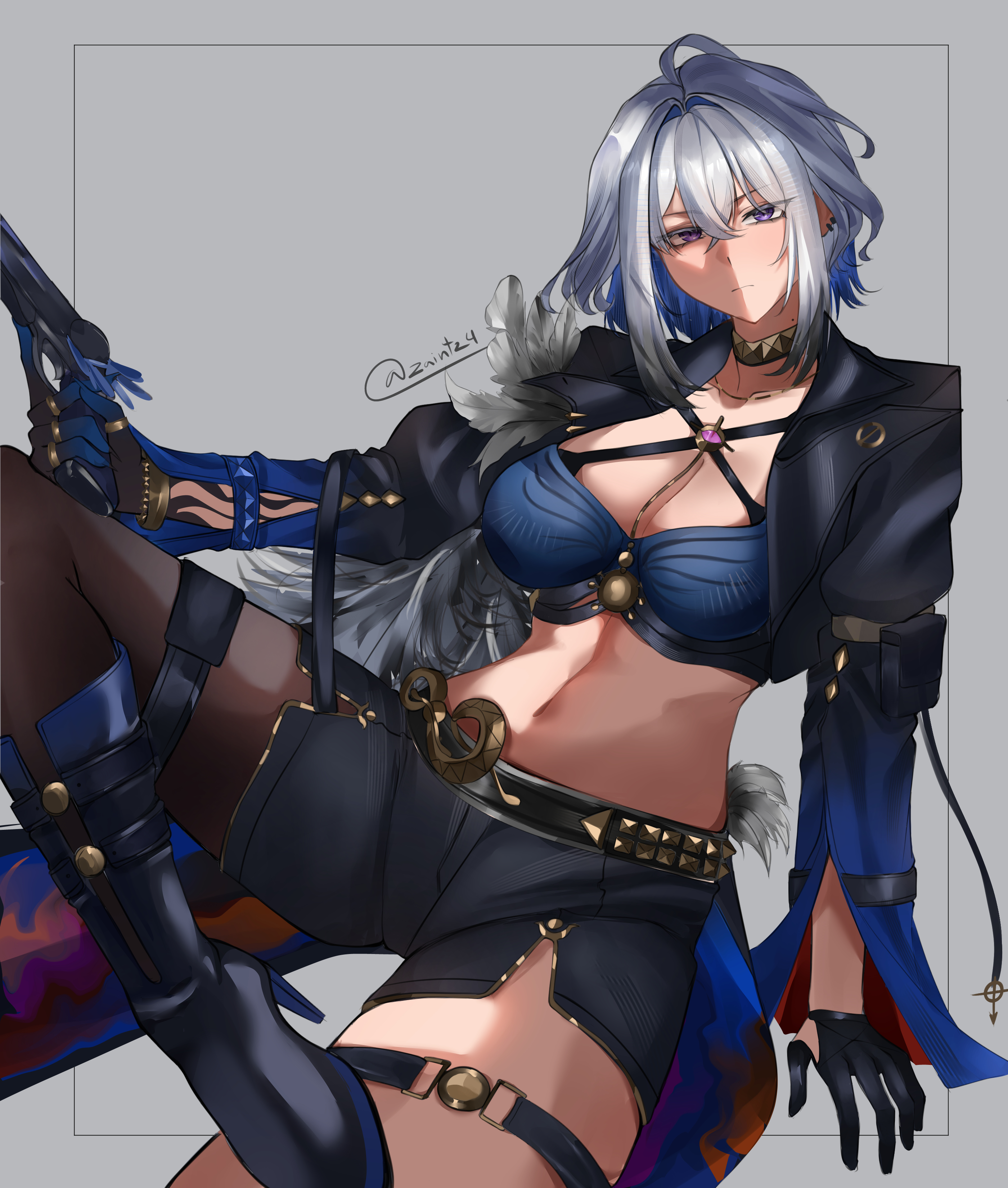 zaint (zaintz4), galbrena (wuthering waves), wuthering waves, absurdres, commentary, highres, 1girl, black gloves, black jacket, black pantyhose, black shorts, blue bra, blue hair, bra, colored inner hair, cropped jacket, gloves, grey background, grey hair, gun, hair between eyes, high heels, holding, holding gun, holding weapon, jacket, linea alba, looking at viewer, multicolored hair, navel, pantyhose, purple eyes, shorts, simple background, single leg pantyhose, solo, stomach, thigh strap, twitter username, underwear, weapon