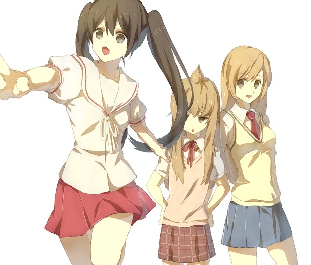 ai mizu, emi, emi (emi43), minami chiaki, minami haruka, minami kana, minami-ke, bad id, bad pixiv id, 00s, 3girls, ahoge, brown eyes, brown hair, multiple girls, school uniform, serafuku
