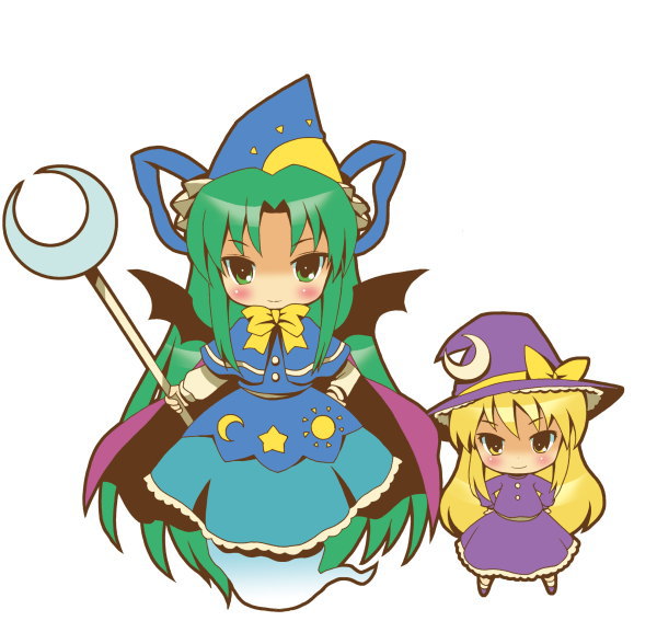 michii yuuki, kirisame marisa, kirisame marisa (pc-98), mima (touhou), phantasmagoria of dim.dream, touhou, touhou (pc-98), 2girls, bat wings, blonde hair, bow, cape, chibi, female focus, green eyes, green hair, hat, long hair, multiple girls, staff, wings, wizard hat