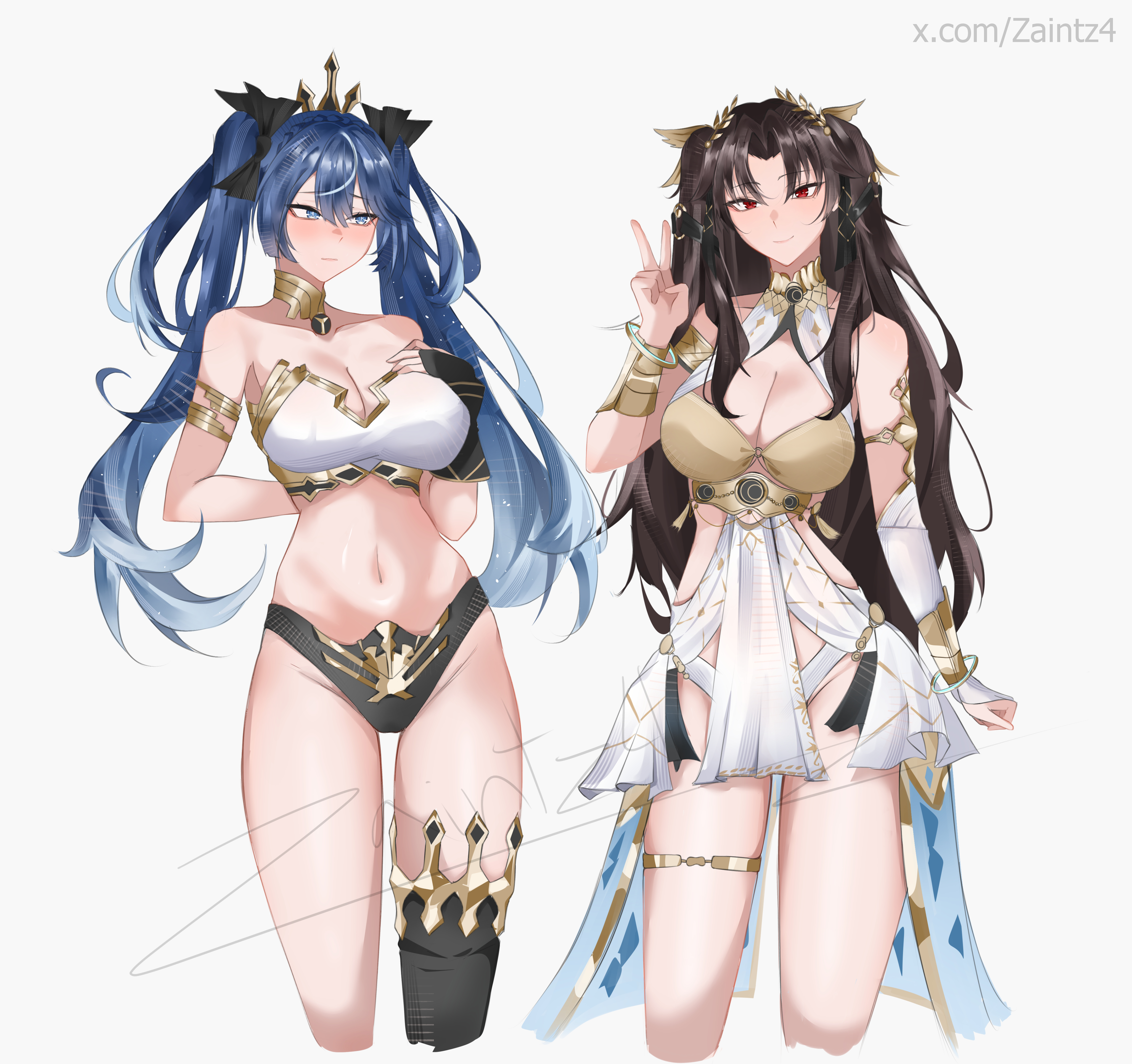 zaint (zaintz4), ishtar (fate), iuno (wuthering waves), fate/grand order, fate (series), wuthering waves, absurdres, commentary, english commentary, highres, 2girls, alternate hairstyle, ancient greek clothes, arm behind back, armlet, bare shoulders, bikini, black bikini, blue eyes, blue hair, blush, breasts, brown hair, cleavage, closed mouth, collarbone, cosplay, costume switch, gold bra, gradient hair, greco-roman clothes, groin, hair belt, hand on own chest, hand up, head wreath, jewelry, large breasts, long hair, looking at another, medium breasts, mismatched bikini, multicolored hair, multiple girls, navel, single thighhigh, stomach, swimsuit, thighhighs, thighlet, thighs, twintails, twitter username, v, very long hair, white bikini