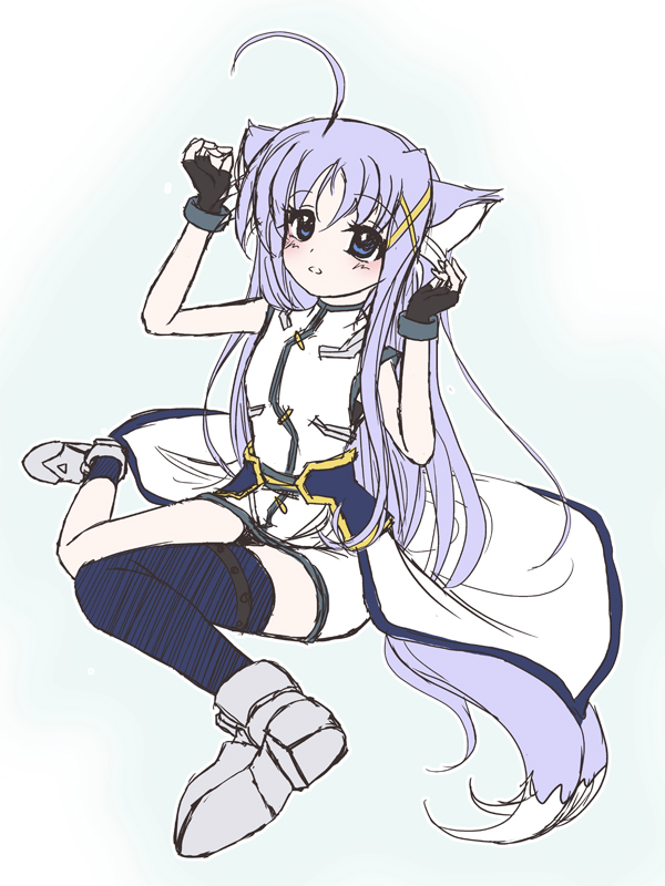 frapowa, reinforce zwei, lyrical nanoha, mahou shoujo lyrical nanoha, mahou shoujo lyrical nanoha strikers, 00s, 1girl, ahoge, animal ears, asymmetrical clothes, asymmetrical legwear, dog ears, dog tail, female focus, fingerless gloves, gloves, hair ornament, magical girl, single thighhigh, solo, tail, thighhighs, uneven legwear, waist cape, x hair ornament