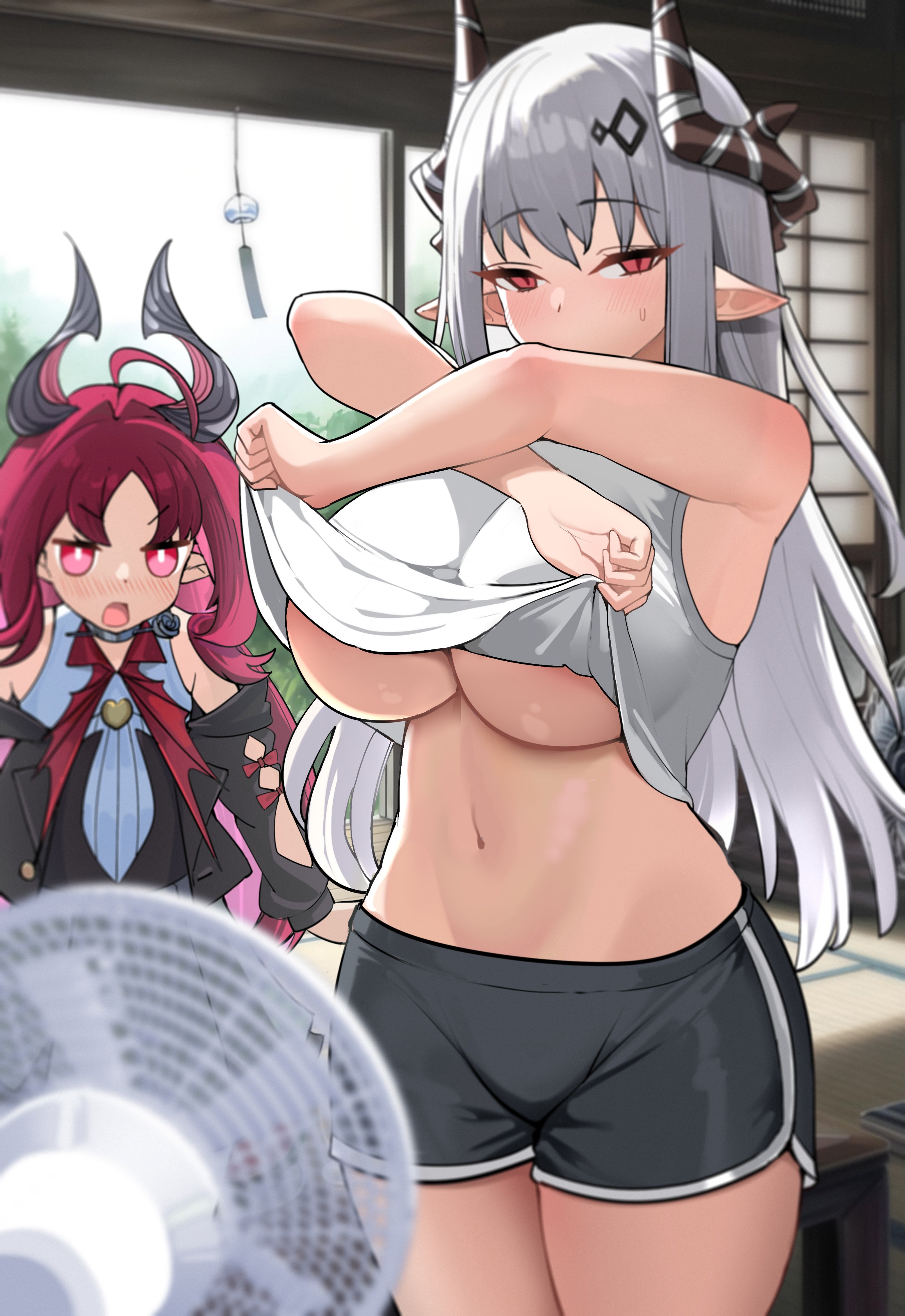 dishui tangni, mudrock (arknights), nymph (arknights), arknights, absurdres, highres, 2girls, alternate costume, antenna hair, arm cutout, bare shoulders, black dress, blush, breasts, bright pupils, clothing cutout, dolphin shorts, dress, electric fan, half-closed eyes, horns, indoors, jitome, lifting own clothes, long hair, looking at viewer, midriff, multiple girls, navel, open mouth, pink eyes, pink hair, pointy ears, red eyes, shirt, shorts, shy, sleeveless, sleeveless shirt, thighs, underboob, white hair, white shirt