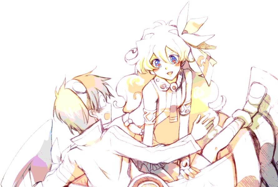nia teppelin, simon (ttgl), tengen toppa gurren lagann, + +, 00s, 1boy, 1girl, :d, armor, blue eyes, blush, cross-shaped pupils, curly hair, dress, from above, from behind, hairband, long sleeves, looking at viewer, looking up, machinery, mecha, monochrome, open mouth, outstretched arm, robot, smile, spot color, symbol-shaped pupils, yellow theme