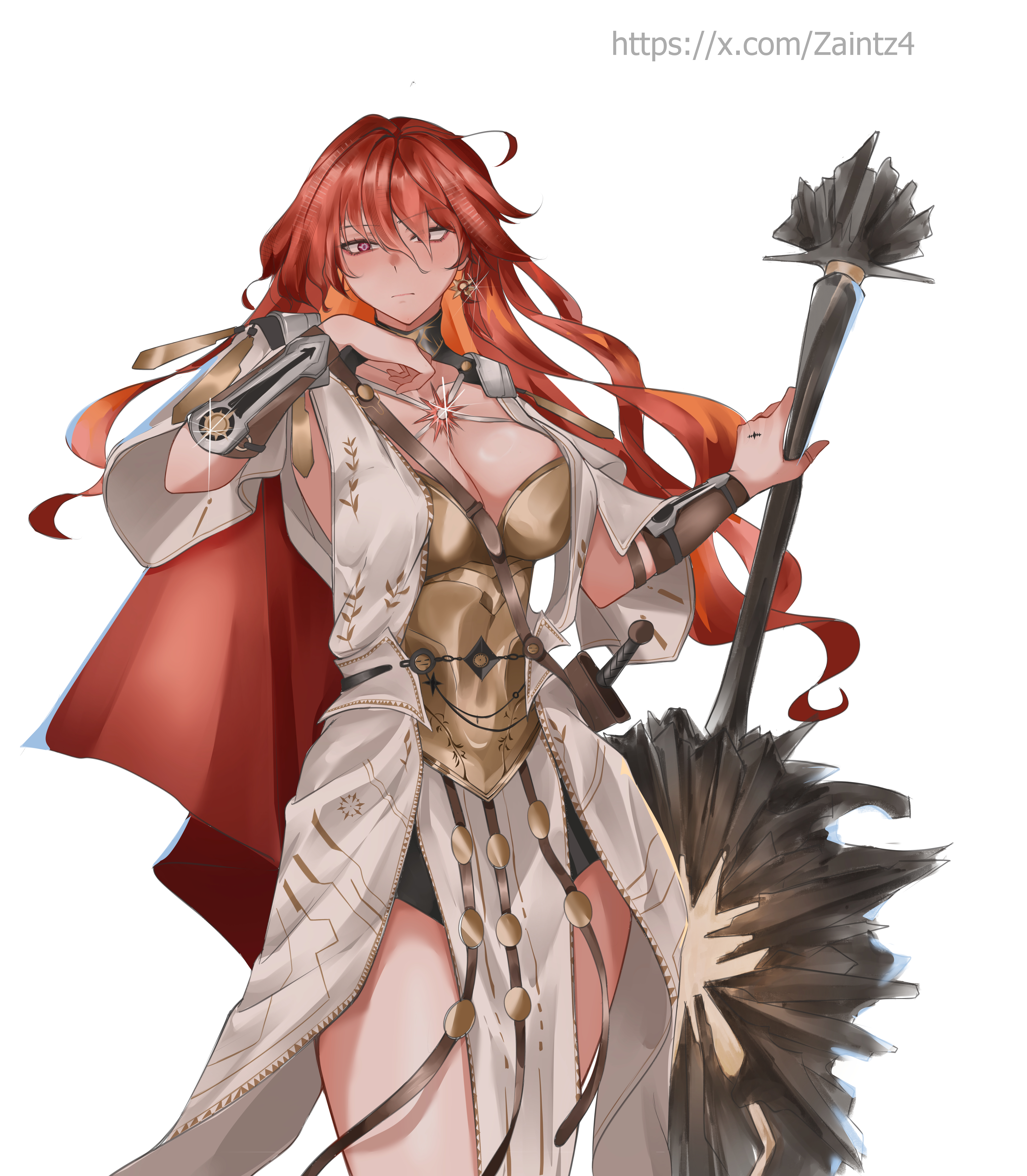 zaint (zaintz4), augusta (wuthering waves), wuthering waves, absurdres, commentary, highres, 1girl, ancient greek clothes, arm armor, armor, black shorts, blush, breastplate, breasts, cleavage, closed mouth, cowboy shot, dress, earrings, greatsword, greco-roman clothes, hair between eyes, holding, holding sword, holding weapon, jewelry, long hair, looking at viewer, medium breasts, orange eyes, orange hair, short shorts, shorts, simple background, solo, sun earrings, sun necklace, sword, tacet mark (wuthering waves), twitter username, weapon, white background, white dress