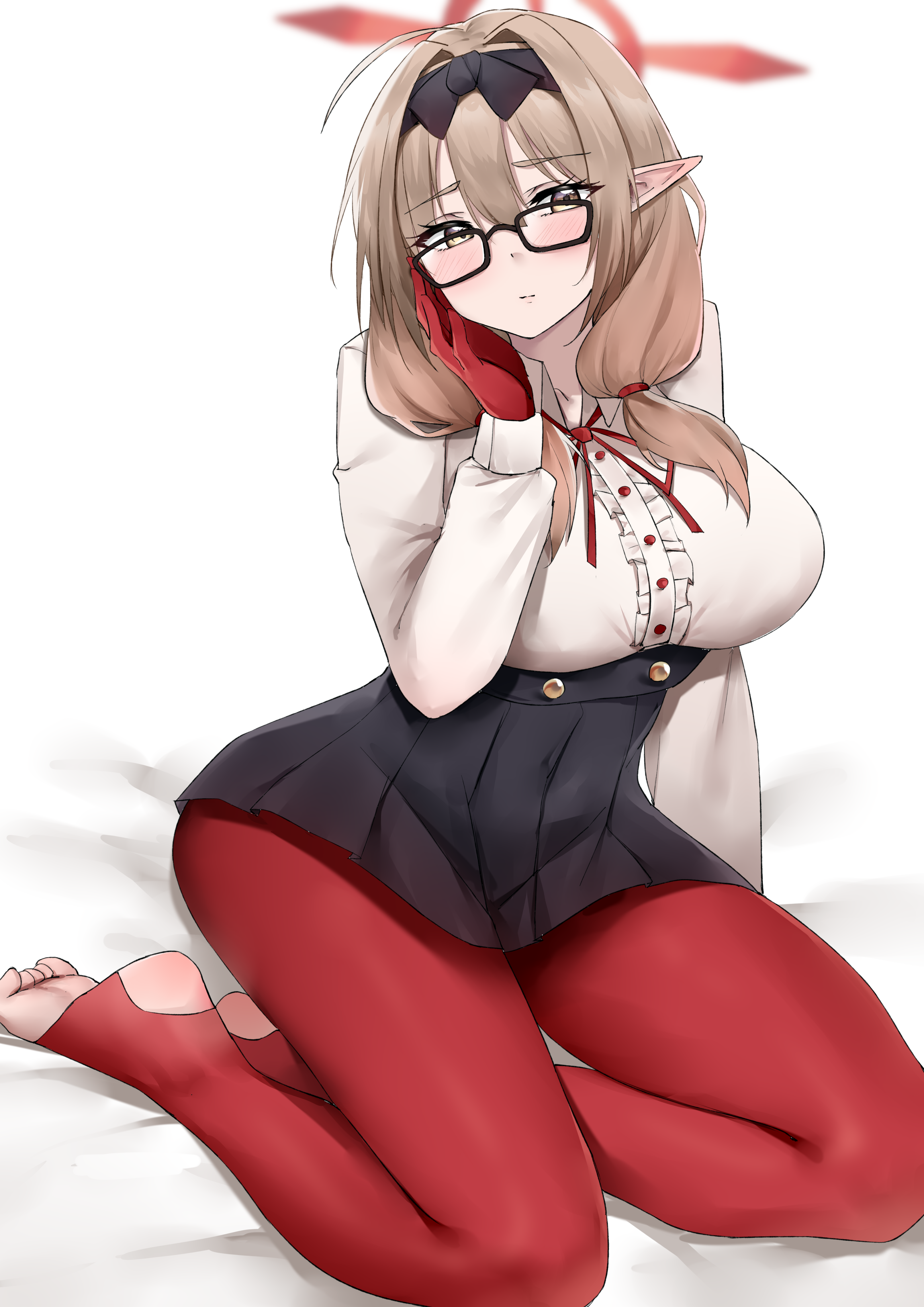 yanwulazy, chinatsu (blue archive), blue archive, absurdres, commentary request, highres, 1girl, black skirt, blush, breasts, brown hair, glasses, gloves, hairband, halo, large breasts, long hair, long sleeves, looking at viewer, pantyhose, pleated skirt, pointy ears, print pantyhose, red gloves, red halo, shirt, sitting, skirt, solo, toes, twintails, yellow eyes, yokozuwari