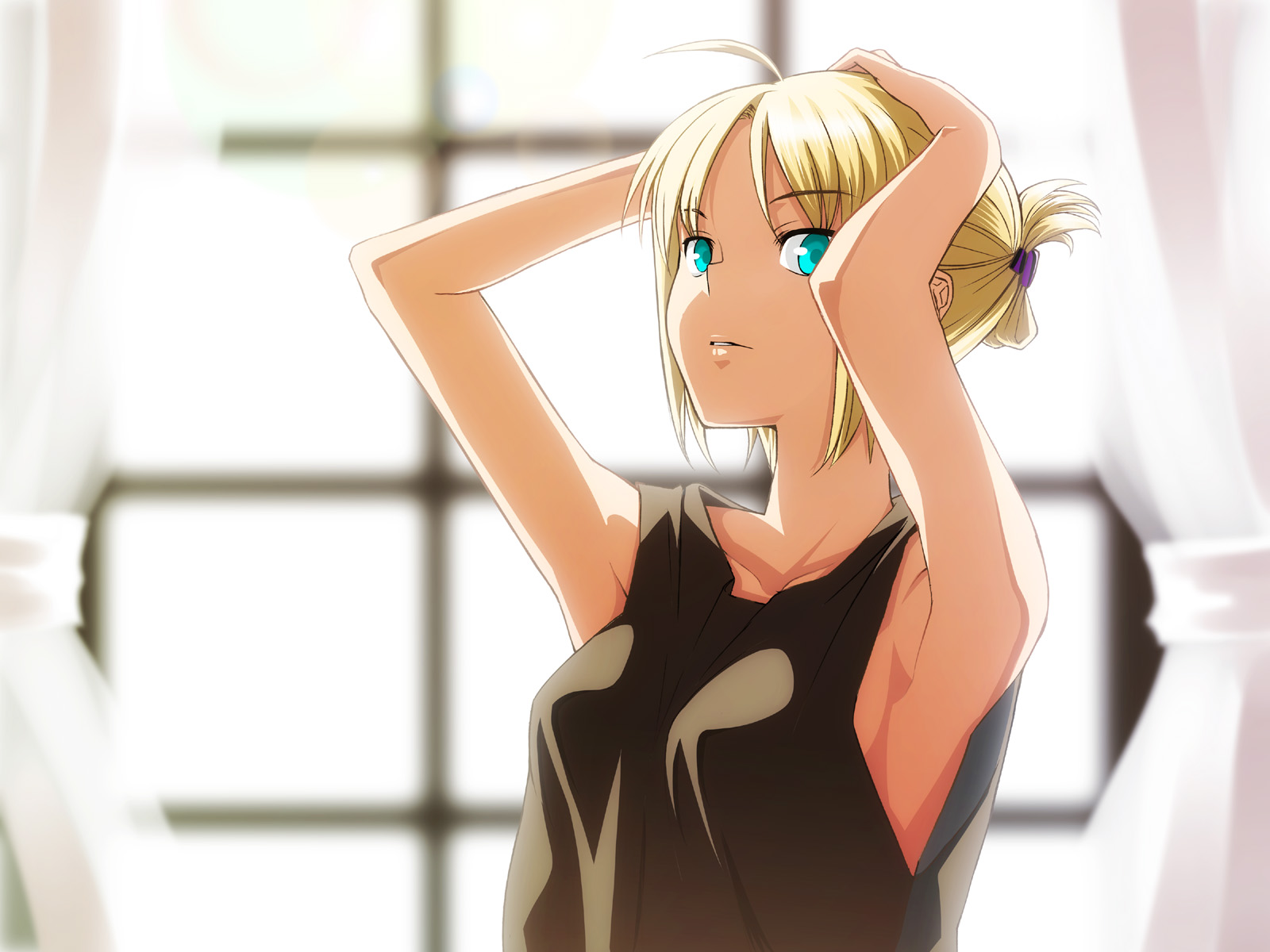 nazo kichi, artoria pendragon (fate), saber (fate), fate/stay night, fate (series), highres, 00s, 1girl, adjusting hair, ahoge, aqua eyes, armpits, arms up, blonde hair, curtains, female focus, green eyes, hair ornament, hairclip, solo, tank top, upper body, window