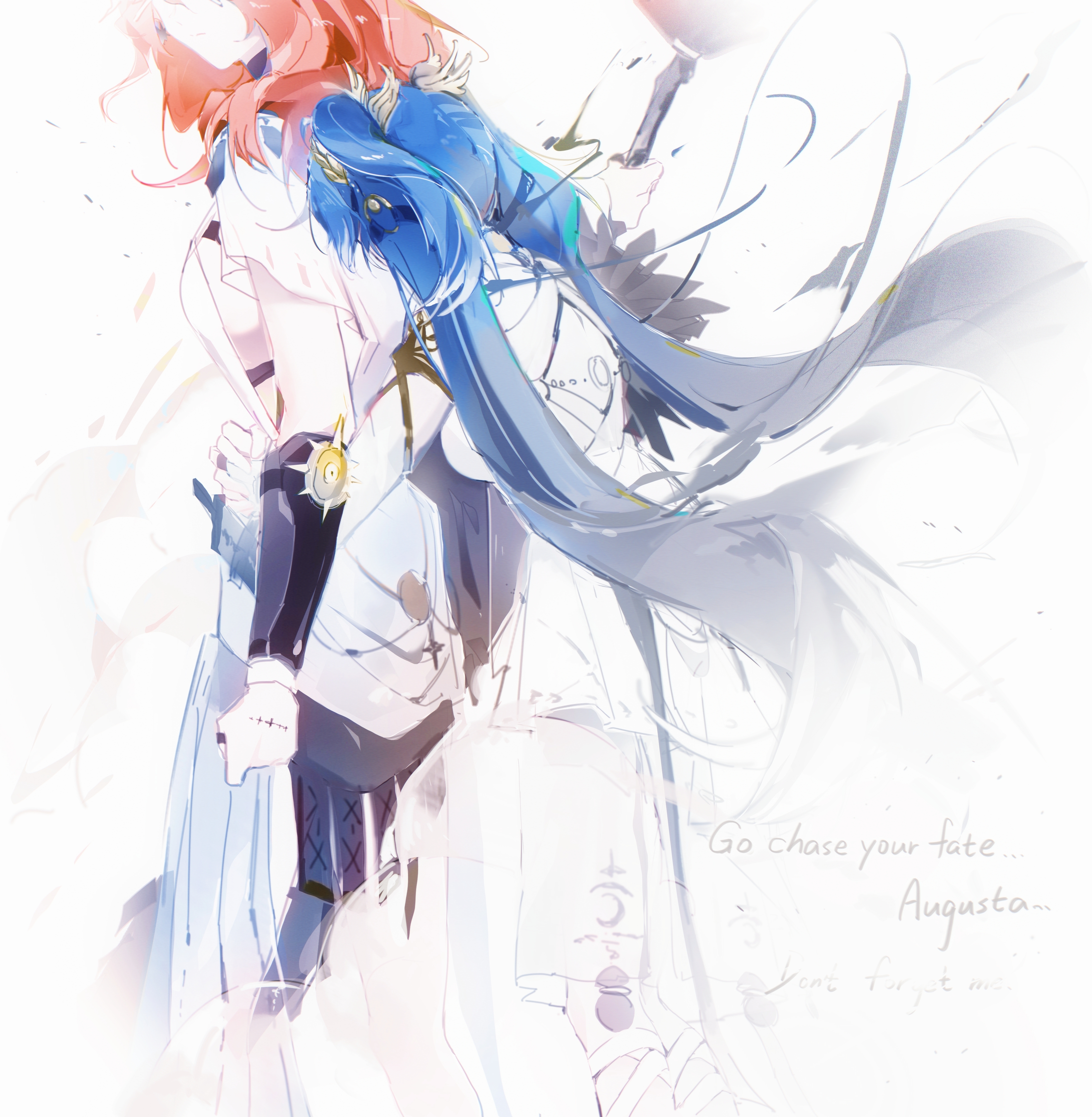 coloki, augusta (wuthering waves), iuno (wuthering waves), wuthering waves, absurdres, commentary request, highres, 2girls, arm armor, blue hair, breasts, clenched hand, closed mouth, english text, from side, hair belt, head wreath, hug, hug from behind, long hair, medium breasts, multiple girls, orange hair, tacet mark (wuthering waves), twintails