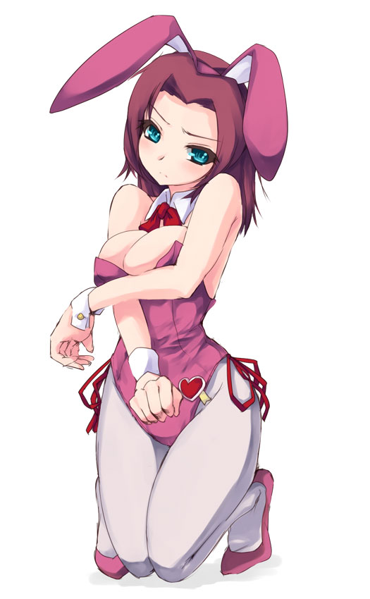 nekohige, kouzuki kallen, code geass, 00s, 1girl, animal ears, blue eyes, breasts, cleavage, fake animal ears, female focus, green eyes, leotard, pantyhose, playboy bunny, rabbit ears, red hair, short hair, solo
