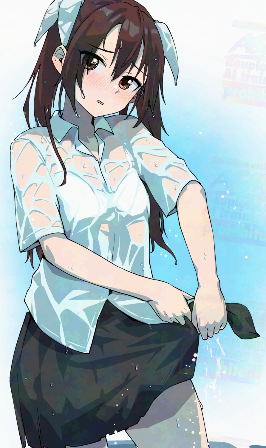 asava (hutaitenn), tone (kancolle), kantai collection, highres, 1girl, alternate costume, black skirt, bra, bra visible through clothes, brown eyes, brown hair, collared shirt, cowboy shot, dress shirt, long hair, shirt, skirt, solo, twintails, underwear, wet, wet clothes, white bra, white shirt, wringing clothes