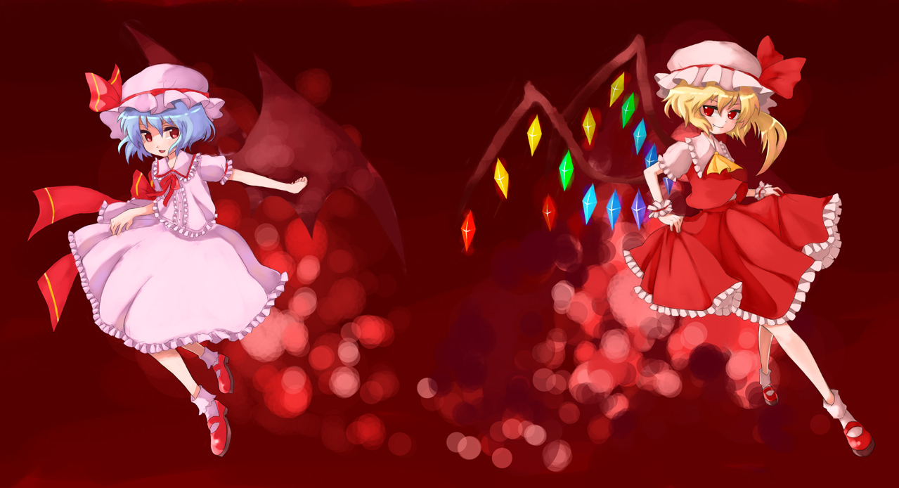 miya (tsumazukanai), flandre scarlet, remilia scarlet, touhou, 2girls, female focus, gradient background, hat, mob cap, multiple girls, siblings, sisters, skirt, wings