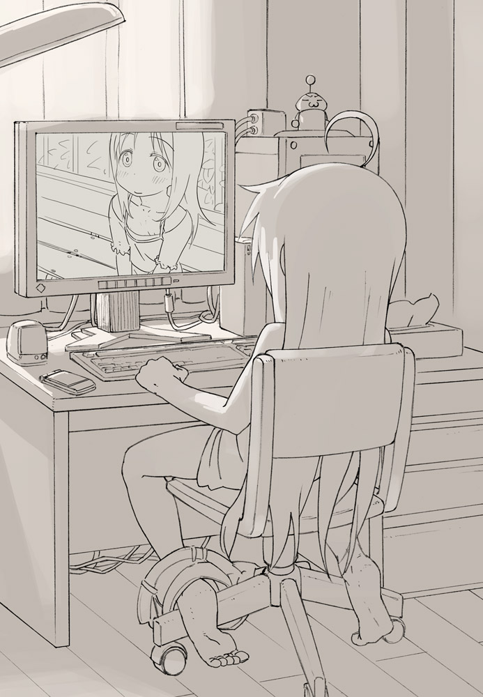 go robots, ana coppola, izumi konata, ichigo mashimaro, lucky star, 00s, 1girl, barefoot, clothes pull, computer, computer keyboard, crossover, feet, female focus, implied masturbation, loli, long hair, monochrome, pants, pants pull, sepia, sexually suggestive, shorts, shorts pull, soles, solo, toe scrunch, toes, yuri