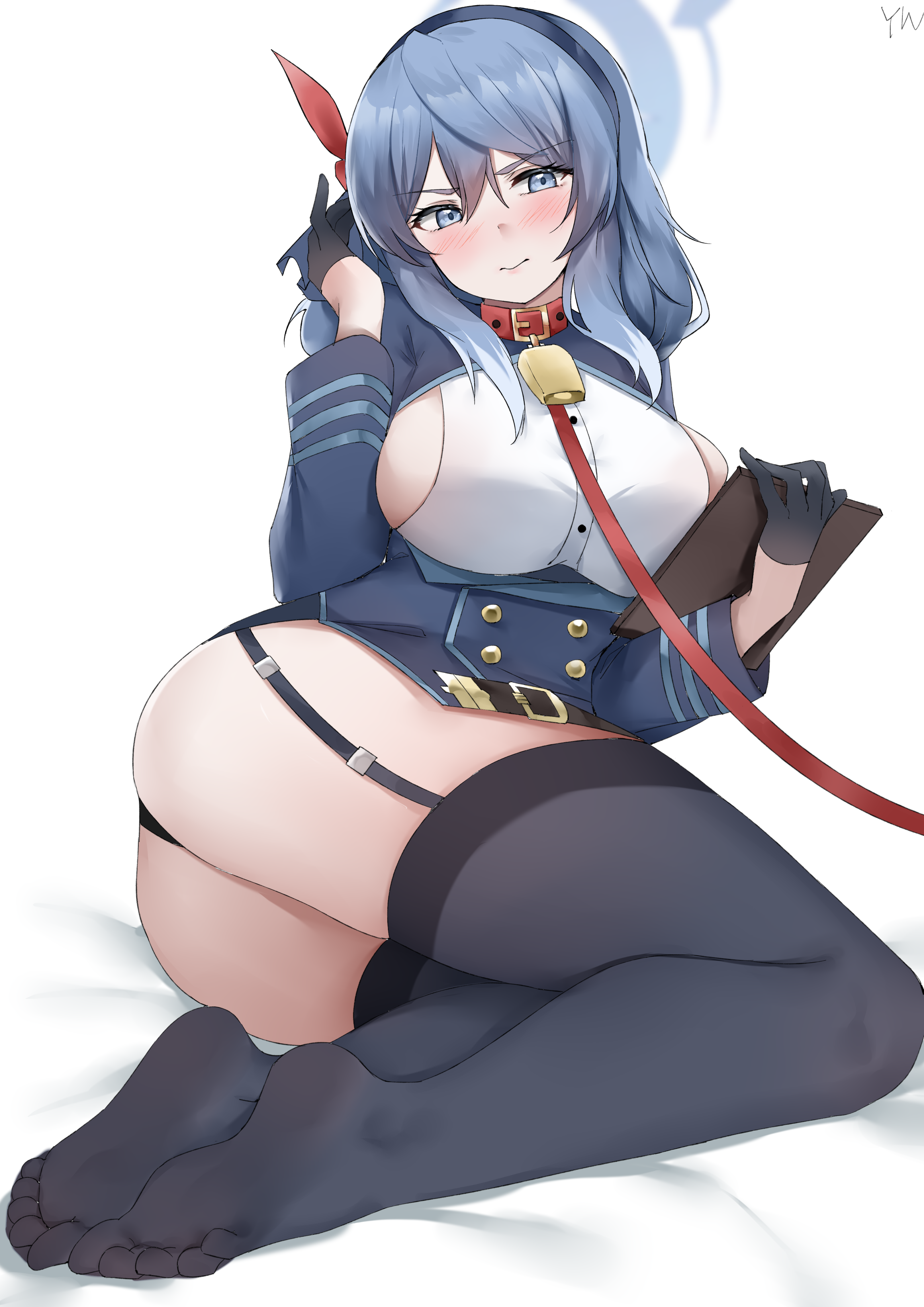 yanwulazy, ako (blue archive), blue archive, absurdres, commentary, highres, 1girl, ass, black gloves, black hairband, black panties, black thighhighs, blue eyes, blue hair, blue halo, blush, breasts, clipboard, garter straps, gloves, hair between eyes, hairband, halo, holding, holding clipboard, large breasts, leash, long hair, looking at viewer, panties, shirt, sideboob, sidelocks, simple background, soles, solo, thighhighs, thighs, underwear, white background, white shirt