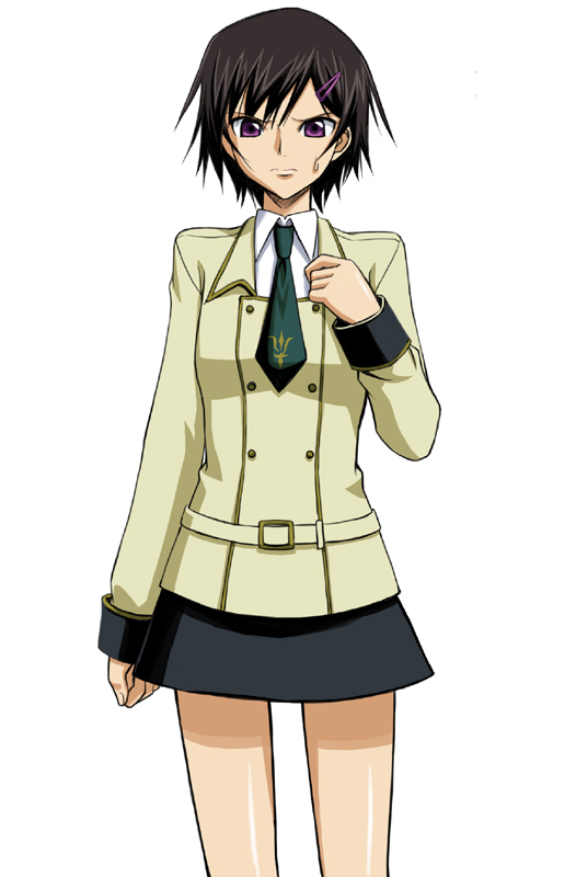 takayaki, lelouch vi britannia, code geass, 00s, 1boy, black hair, cowboy shot, crossdressing, crossdressing (mtf), hair ornament, hairclip, looking at viewer, male focus, purple eyes, school uniform, short hair, simple background, skirt, solo, standing, sweatdrop, thigh gap, white background