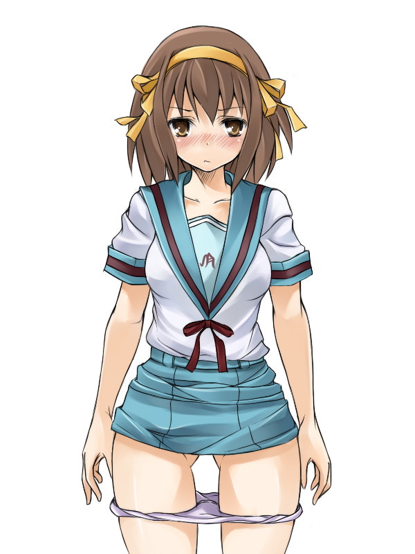 miyawa, suzumiya haruhi, suzumiya haruhi no yuuutsu, 00s, blush, brown eyes, brown hair, clothes lift, panties, panty pull, school uniform, serafuku, short hair, skirt, skirt lift, solo, underwear