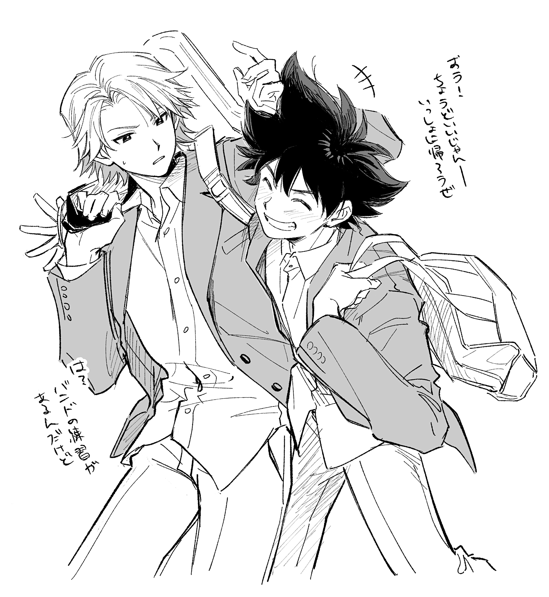 ishida yamato, yagami taichi, digimon, digimon adventure tri., commentary, highres, translation request, 2boys, bag, blazer, frown, glomp, greyscale, grin, guitar case, hug, instrument case, jacket, konashio, male focus, monochrome, multiple boys, pants, school bag, shirt, short hair, simple background, smile, sweatdrop, white background