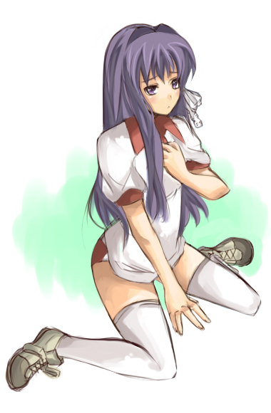 miyawa, fujibayashi kyou, clannad, 00s, gym uniform, long hair, purple hair, solo, thighhighs