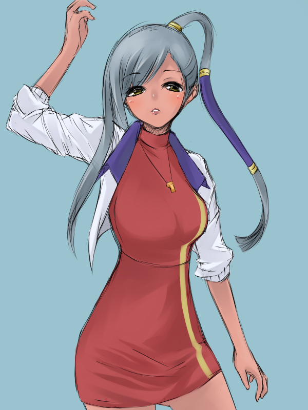 miyawa, villetta nu, code geass, silver hair, 00s, dark-skinned female, dark skin, long hair, sleeves pushed up, solo, yellow eyes