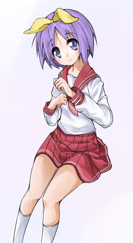 miyawa, hiiragi tsukasa, lucky star, 00s, blue eyes, purple eyes, school uniform, serafuku, short hair, solo