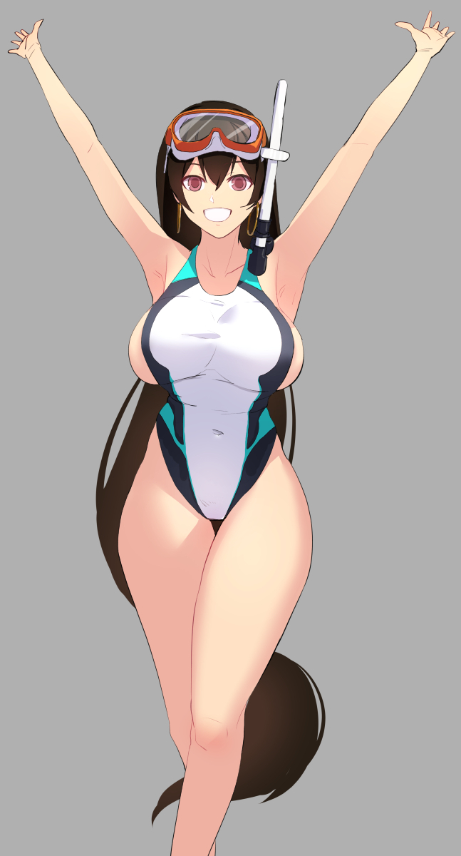minami koyogi, xuangzang sanzang (fate), fate/grand order, fate (series), highres, 1girl, armpits, arms up, black one-piece swimsuit, breasts, brown hair, diving mask, earrings, goggles, grin, hair between eyes, highleg, highleg one-piece swimsuit, hoop earrings, jewelry, large breasts, long hair, looking at viewer, one-piece swimsuit, smile, snorkel, solo, swimsuit, thighs, two-tone one-piece swimsuit, white one-piece swimsuit