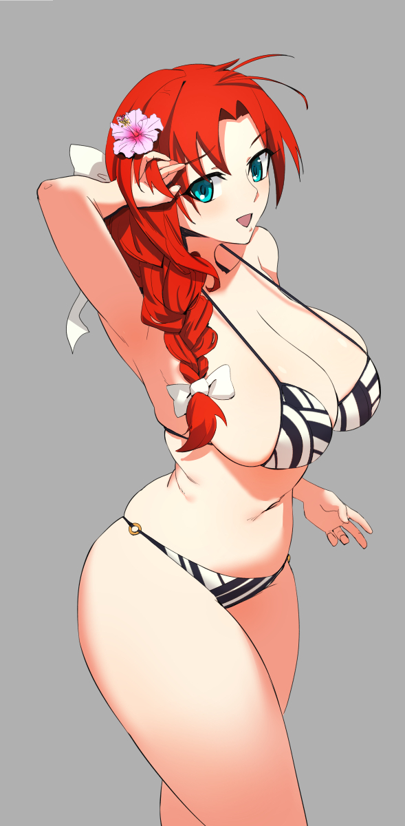 minami koyogi, boudica (fate), fate/grand order, fate (series), highres, 1girl, arm up, armpits, bikini, braid, braided ponytail, breasts, cleavage, flower, green eyes, hair flower, hair ornament, large breasts, long hair, looking at viewer, navel, open mouth, parted bangs, red hair, smile, solo, striped bikini, striped clothes, swimsuit, thighs, white bikini