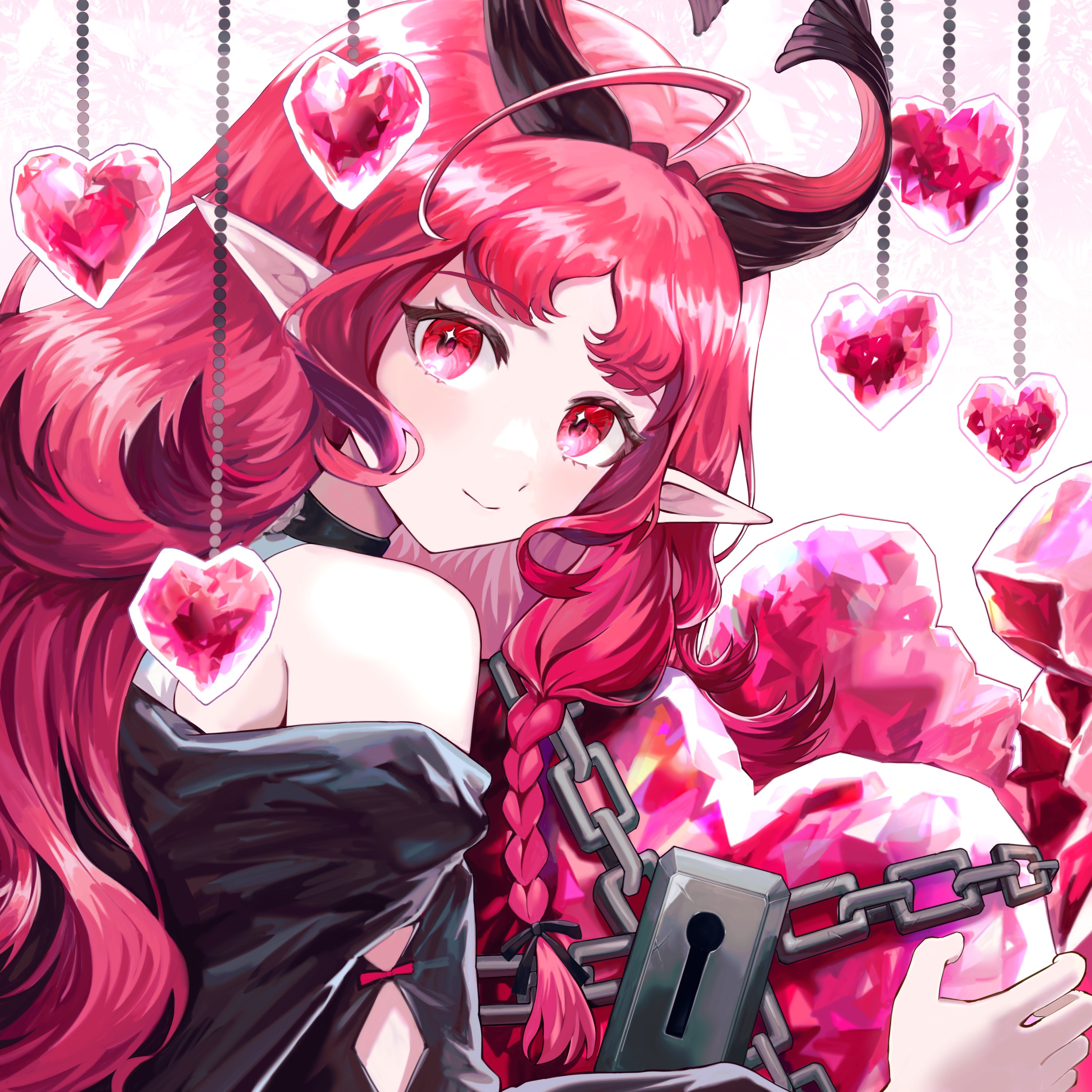 comiclove1314, nymph (arknights), arknights, absurdres, highres, 1girl, antenna hair, bare shoulders, black jacket, chain, choker, closed mouth, demon horns, dress, from side, gem, heart-shaped gem, holding, horns, jacket, light blush, light smile, lock, long hair, long sleeves, looking at viewer, pink eyes, pink hair, pointy ears, simple background, solo