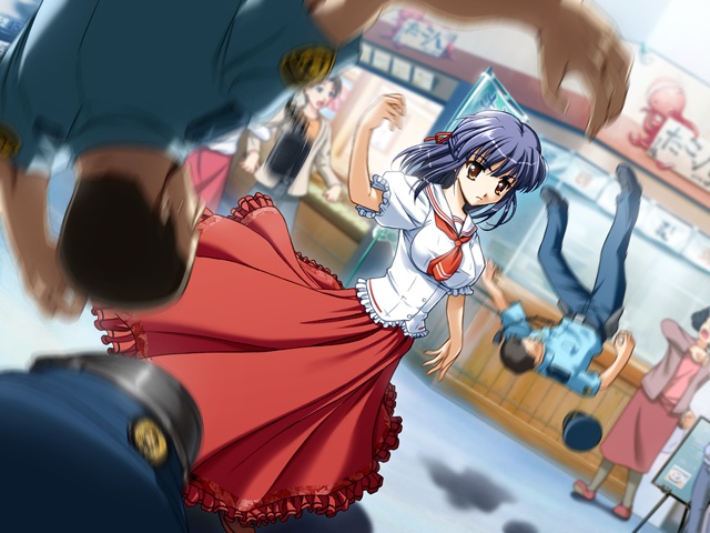 toma (asagayatei), ayakashi, ayakashi h, game cg, 00s, 1girl, attack, blue hair, brown eyes, frills, long skirt, magic, sailor collar, skirt, solo focus