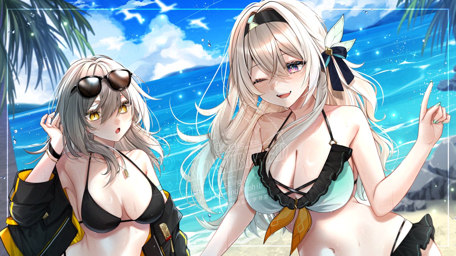 fliz ts, firefly (honkai: star rail), stelle (honkai: star rail), trailblazer (honkai: star rail), honkai: star rail, honkai (series), highres, 2girls, aqua bikini, bare shoulders, beach, bikini, black bikini, black hairband, black jacket, bracelet, breasts, cleavage, eyewear on head, feather hair ornament, feathers, grey hair, hair ornament, hairband, jacket, jewelry, long hair, medium hair, multiple girls, navel, one eye closed, purple eyes, sand, stomach, sunglasses, swimsuit, water, yellow eyes