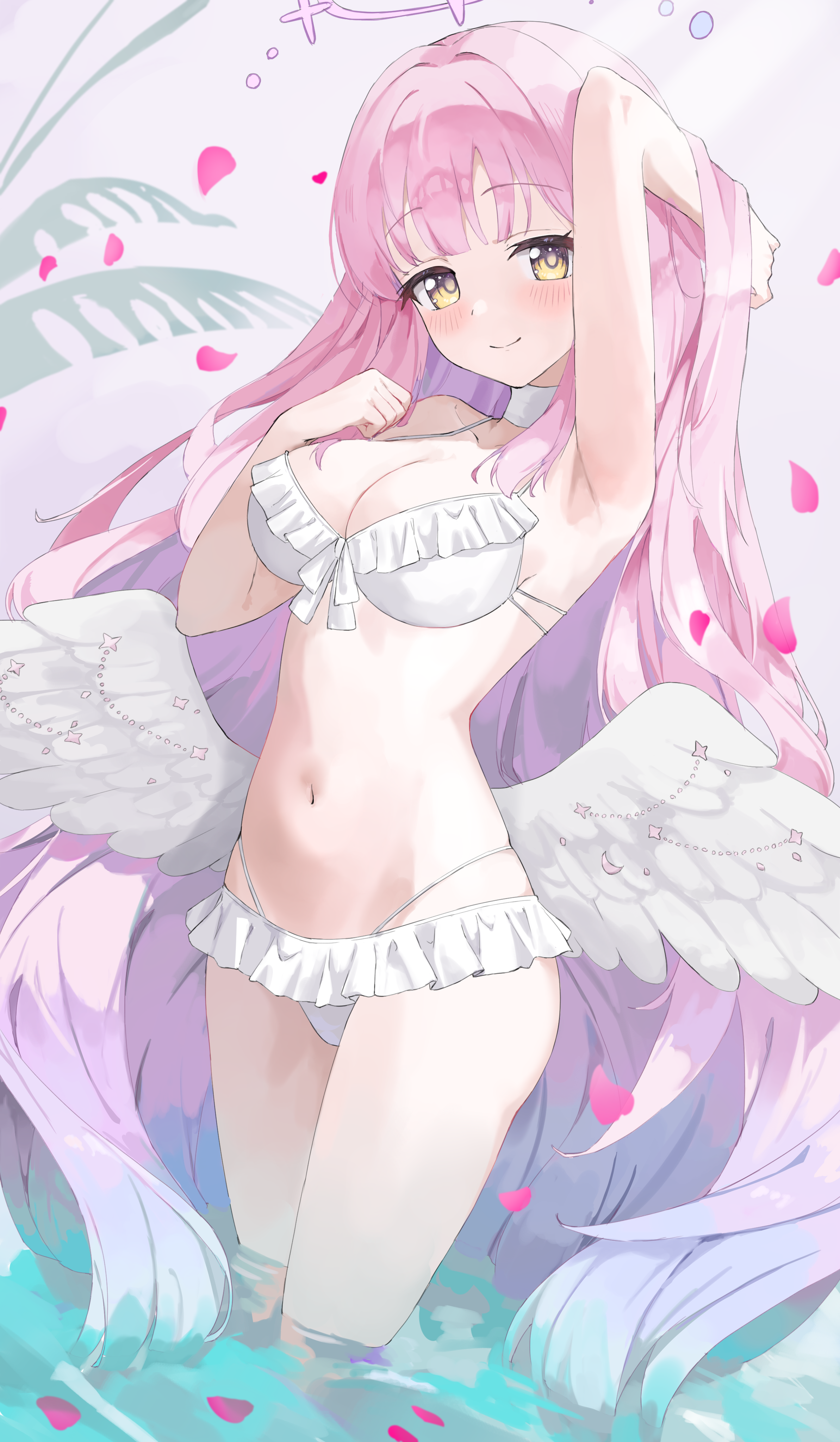 yoshiharu auf, mika (blue archive), mika (swimsuit) (blue archive), blue archive, absurdres, highres, 1girl, angel wings, arm up, armpits, bare arms, bare shoulders, bikini, blush, breasts, choker, cleavage, closed mouth, collarbone, feathered wings, frilled bikini, frills, halo, long hair, looking at viewer, low wings, navel, official alternate costume, official alternate hairstyle, pink hair, pink halo, smile, solo, stomach, swimsuit, very long hair, water, white bikini, white choker, wing ornament, wings, yellow eyes