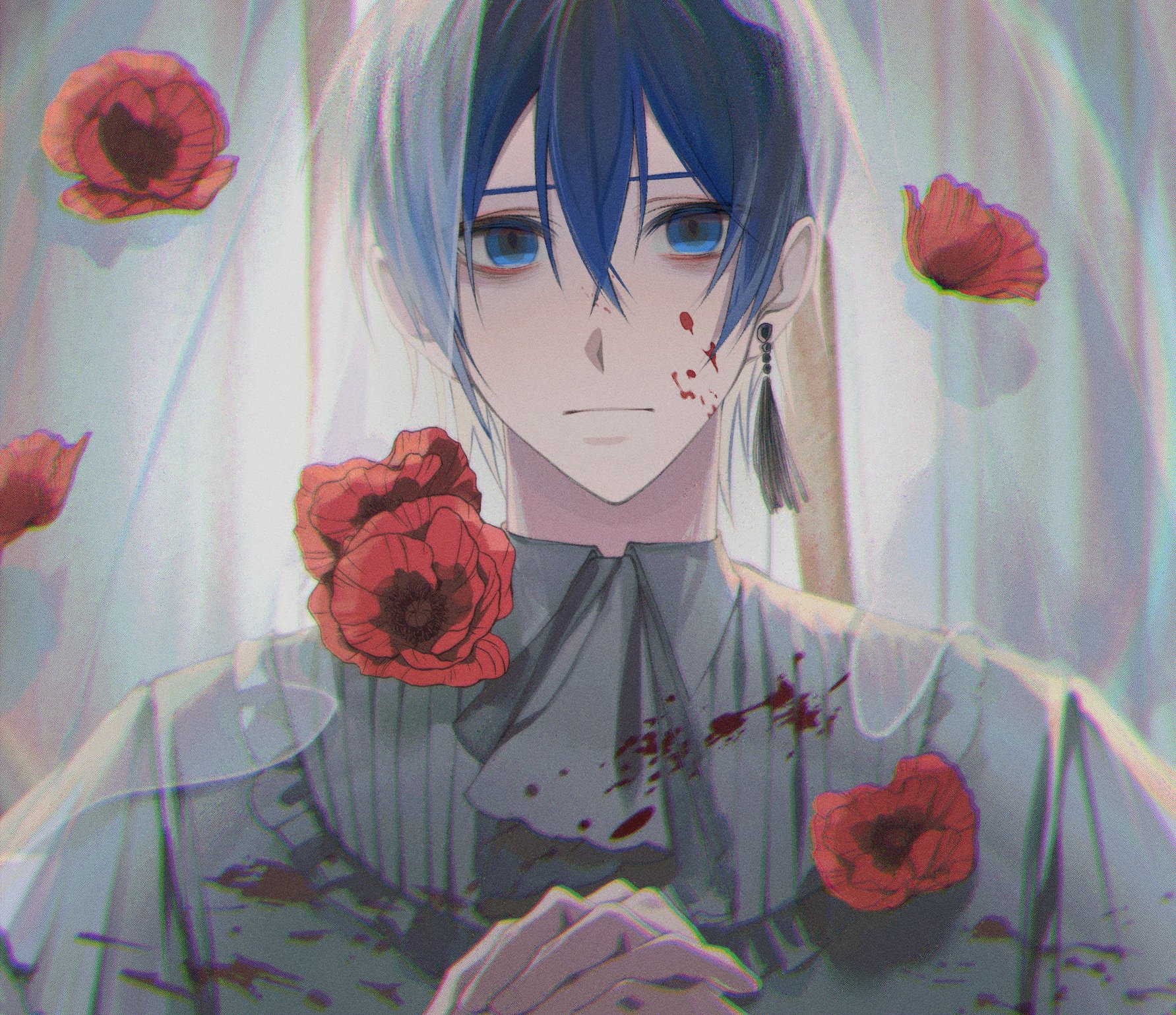 bibinggwas2, kaito (vocaloid), vocaloid, highres, 1boy, anemone (flower), ascot, blood, blood on clothes, blood on face, blue eyes, blue hair, closed mouth, collar, curtains, earrings, expressionless, falling flower, flower, frilled collar, frills, jewelry, looking at viewer, male focus, own hands clasped, own hands together, red flower, shirt, short hair, single earring, solo, white ascot, white shirt