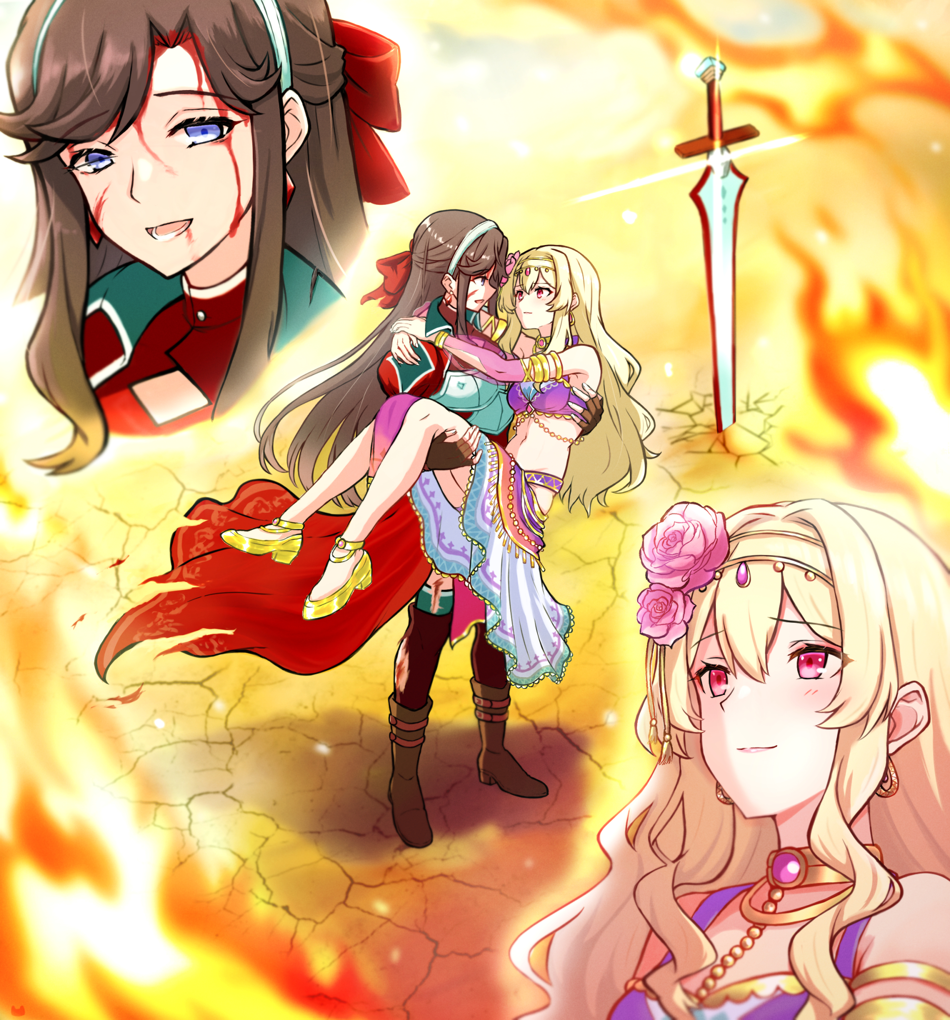 chibinekopan, saijou claudine, tendou maya, shoujo kageki revue starlight, commentary request, highres, 2girls, arms around neck, blonde hair, blood, blood on face, boots, brown boots, brown hair, carrying, closed mouth, earrings, fire, flower, green hairband, hair flower, hair ornament, hairband, harem outfit, jewelry, long hair, multiple girls, navel, open mouth, pink eyes, pink flower, planted, planted sword, planted weapon, princess carry, purple eyes, shoes, smile, stomach, sword, weapon, yellow shoes, yuri