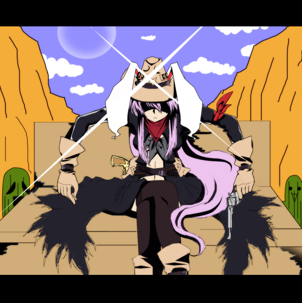 reisen udongein inaba, tengen toppa gurren lagann, touhou, highres, 1girl, animal ears, cowboy hat, cowboy western, eyecatch, female focus, gun, handgun, hat, lens flare, letterboxed, purple hair, rabbit ears, revolver, solo, weapon