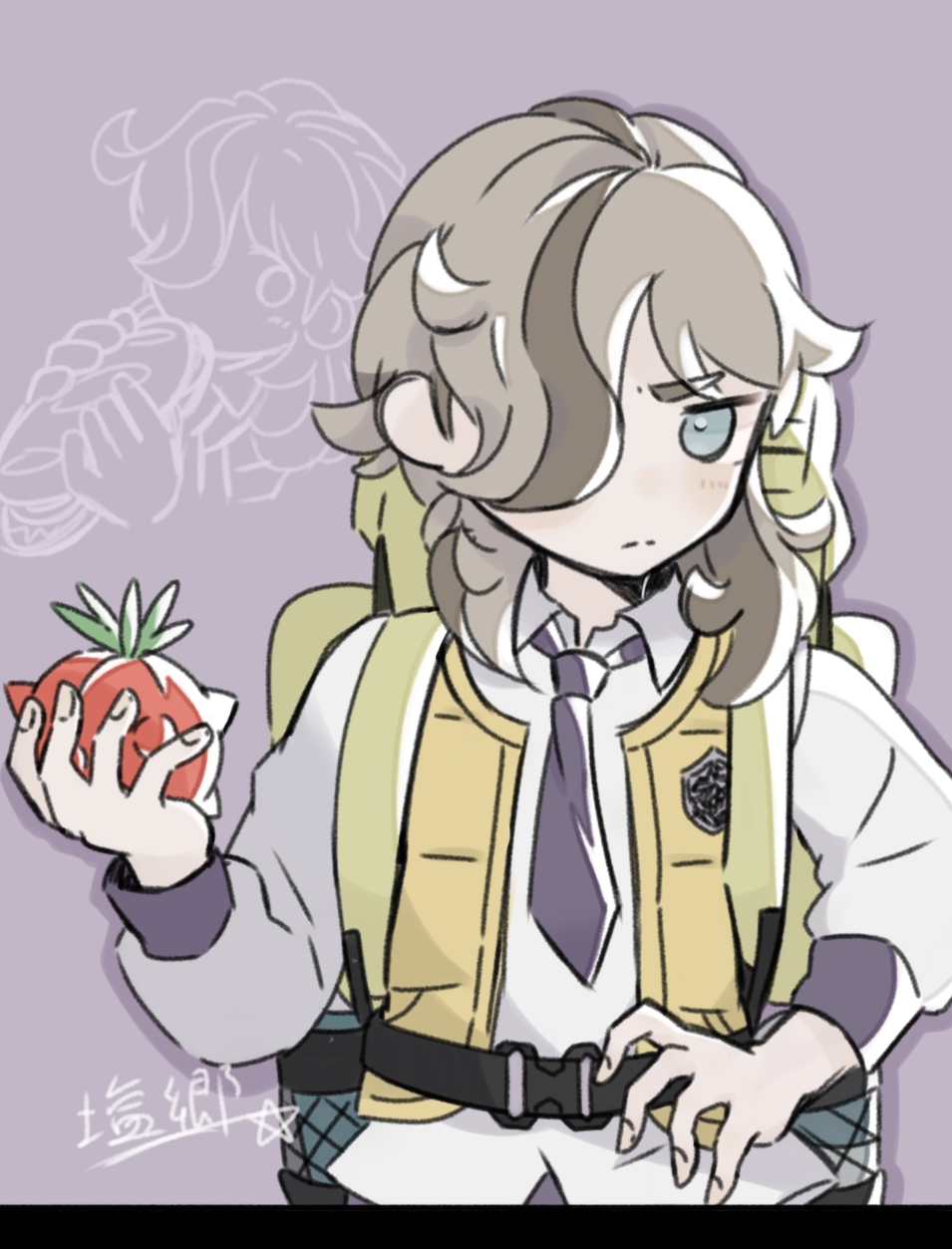 arven (pokemon), nintendo, pokemon, pokemon sv, commentary request, highres, 1boy, backpack, bag, brown hair, closed mouth, collared shirt, food, fruit, green eyes, grey background, hair over one eye, holding, holding food, holding fruit, male focus, multiple views, necktie, open clothes, open vest, shirt, siosato 4213, split mouth, upper body, vest, yellow bag, yellow vest
